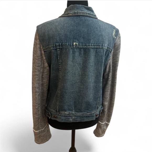 Free People Distressed Denim Jacket with Jersey Sleeves - Picture 2 of 7